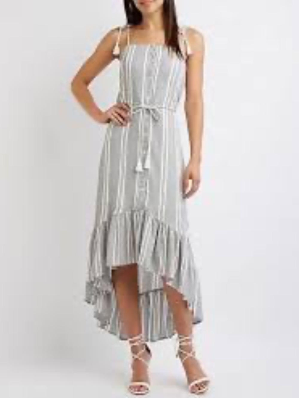 Charlotte Russe Gray & White Striped High-Low Midi Dress
